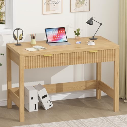 YOMILUVE Fluted Computer Desk with 2 Drawers, 39 Inch Small Computer Desk with Storage, Compact Writing Study Desk for Small Spaces