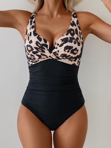 Image of B2prity Women's Underwire One Piece Swimsuit Tummy Control Ruched Bathing Suit Criss Cross V Neck Swimwear