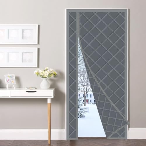 Magnetic Thermal Insulated Door Curtain, 34 x 80 Inch Winter Door Cover Curtain Size 38 x 82 Waterproof Thick Insulation Blanket, Side Opening, Gray