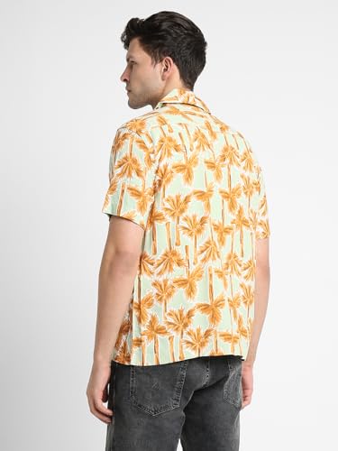 Image of Dennis Lingo Men's Rayon White Printed Relaxed Fit Cuban Collar Half Sleeve Casual Shirt