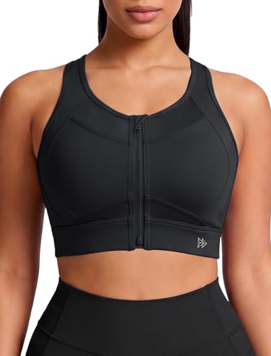 Yvette Sports Bras Zipper Front Closure High Impact Support, Mesh Racerback Running Sports Bra with Sewn in Pads Wokout Gym,Black,M Plus