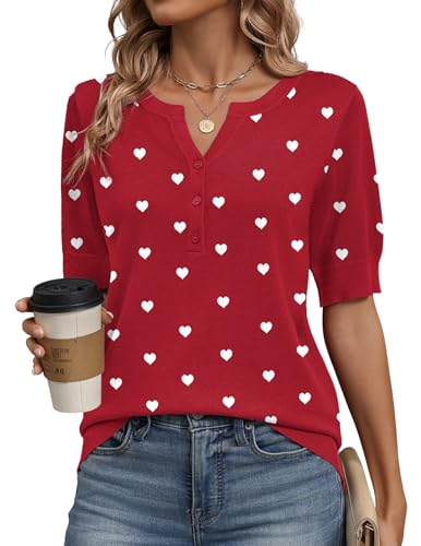 Zeagoo Valentines Sweater Women 2026 Spring Summer V Neck Short Sleeve Heart Sweater Business Casual Work Tops