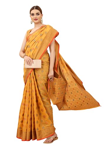 Image of SWORNOF Women's Banarasi Patola Silk Blend Saree with Blouse Piece (Orange)