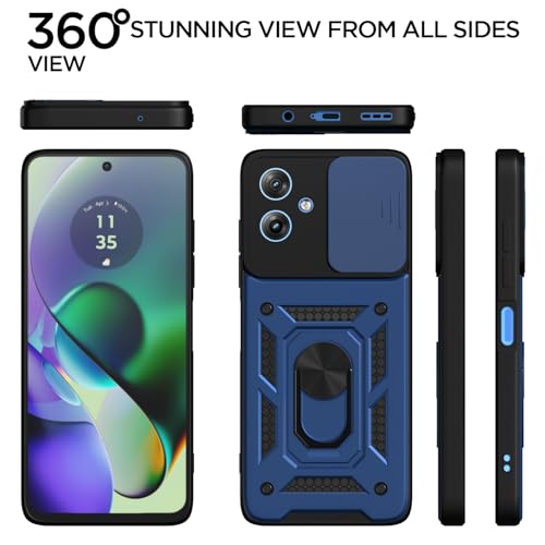 Image of Pikkme Back Cover for Motorola Moto G54 5G / G64 5G | 360 Protection Case | Sliding Camera Shield Cover & Ring Holder Stand D10 Tough Armor Bumper Case (Blue)