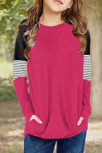 Image of SELINK Girls Big Kids Long Sleeve Striped Color Block Pocket Tees | Casual Loose Fit With Side Pockets,Soft Stretch Polyester Blend For Big Girls Daily&Back To School Wear