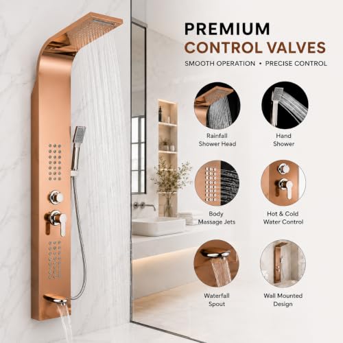 Image of ZeeCry Shower Panel Thermostate Stainless Steel 5 in One, Tower System, Rainfall Shower, Body Massage Spray, 3 Function Hand Shower (Rose Gold)