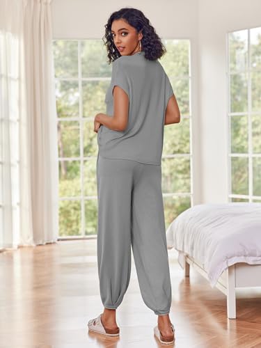 Image of Ekouaer Two Piece Outfits Lounge Sets for Women Sweater Sets Knit Short Sleeve Tops Jogger Pants Matching Tracksuit