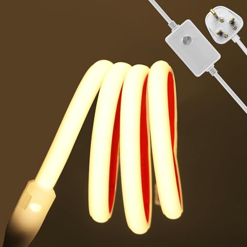 KISUFU Dimmable COB Neon LED Strip 288 LEDs/m, 220V Flexible Light Ribbon,IP65 Waterproof Rope Light, Self-Adhesive Tape for Outside/Indoor Home Decoration UK Plug Supply.