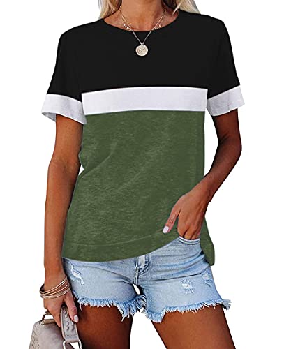 Womens Color Block Short Sleeve Tops Crew Neck Casual Basic Comfy Loose Fit T Shirts Green