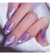 GLAMERMAID Cat Eyes French Tip Press on Nails Short Almond, Blue Purple Handmade Magnet Jelly Gel...