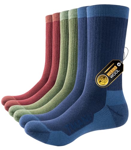 PULIOU Merino Socken Herren Damen Thermosocken Wandersocken Outdoor & Trekking-Socken, Anti-Blasen, Gepolstert Arbeitssocken Wintersocken, Mehrfarbig 39-42