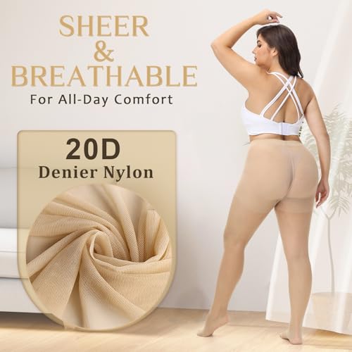 CASMON 3 Pairs Plus Size Sheer Tights for Women, High-waist 20D Pantyhose Control Top with Reinforced Toe for Daily(XL-4XL)2