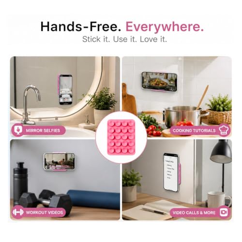 Image of HUMBLE Double Sided Silicone Suction Phone Sticker Grip, Sticky Phone Mount, Hands-Free Mobile Holder, Reusable Anti-Slip Stand for Mirror, Glass, Tile, All Smartphones for Selfies & Videos (Pink)