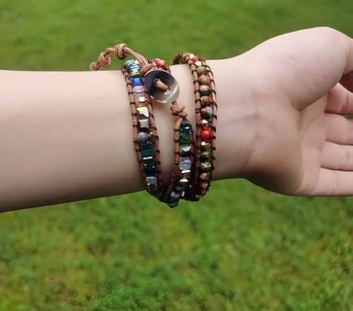 Handmade Wrap Leather Beads Bracelets Natural Jasper Crystal Stone Variety Beads Strand Bracelet,Boho Bracelets for Women4