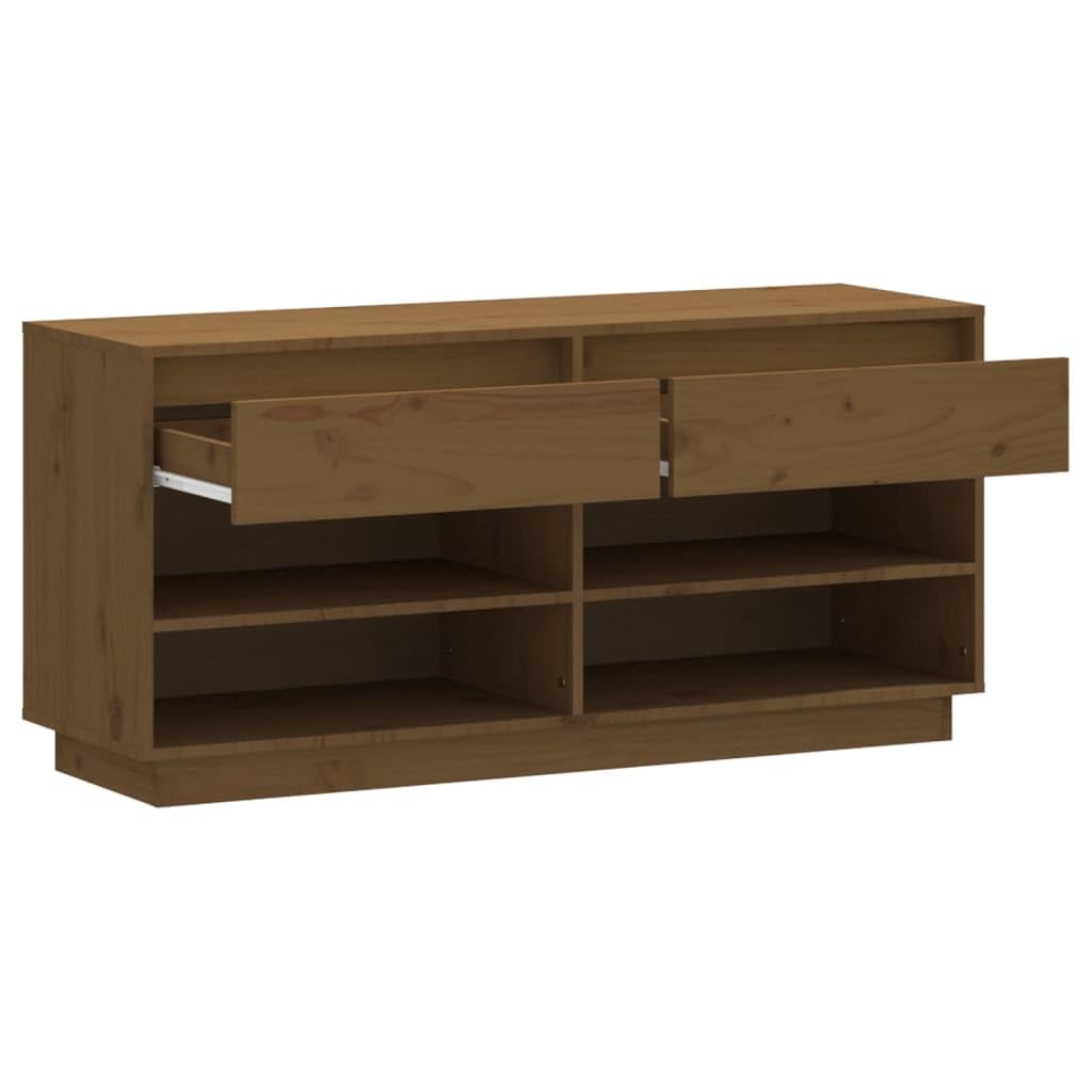 Schuhregal Honigbraun aus massivem Kiefernholz 110x34x52 cm, Schuhschrank mit 2 Schubladen und 4 Fächern, Stabiler Schuhständer für Flur, Diele, Schlafzimmer und Garderobe