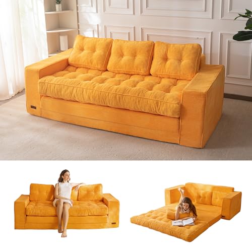 Image of MAXYOYO Convertible Sofa Bed, Pull Out 3 Seater Sofa Couch, 2 in 1 Folding Couch Bed, Fold Out Floor Couch with Pillows for Living Room Bedroom, Orange