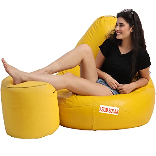 Image of Bean Bag Chair with Footstool Filled with Beans Filler, Faux Leather, Ready to Use, XXXL (Yellow)