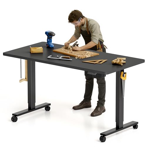 FLEXISPOT Electric Adjustable Workbench, 55x28 Inches Ergonomic Worktable with Wheels for Garage, Workshop, Office and Home, Spacious Desktop for Woodworking Sewing and Crafts, Black, 3 Packages