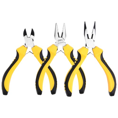 Image of Deli DL103201-3 3 Pcs Mini Pliers Set Including Combination Diagonal & Lose Nose Pliers Heavy Duty High Carbon Steel with Dual Color Handle End Cutting-Pliers For Handcrafts Model Jewelry Making (1Pc)