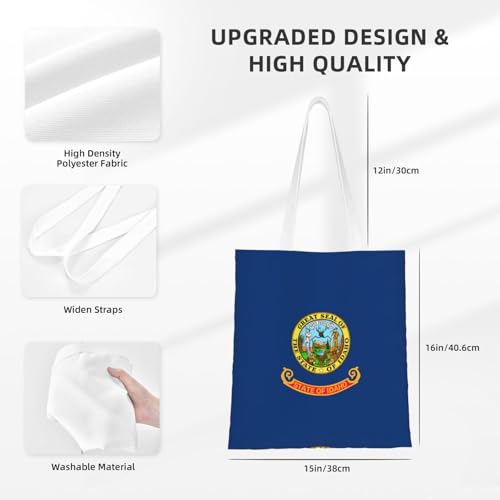 Idaho State Flag Print Reusable Canvas Tote, Shopping Bag With Handles For Daily And Grocery Use3