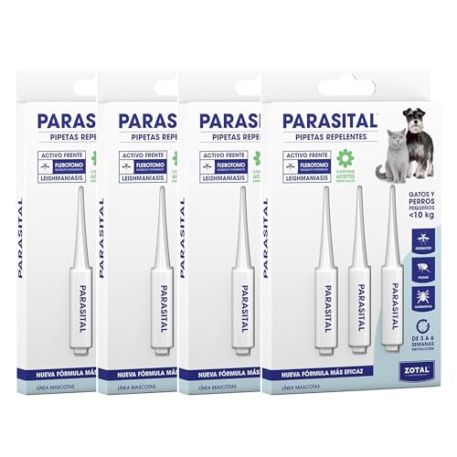 Zotal Parasital - Pack 4 Blíster de 3 Pipetas (12 en Total) Perros Pequeños y Gatos - hasta 10 kg - Protección Pulgas, Garrapatas y Mosquitos - 3 a 6 Semanas por Pipeta - Resistente al Agua -
