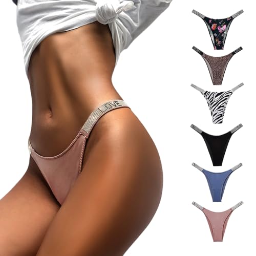 Women's Ice Silk Rhinestone Thongs Low Waist High Cut Bikini Underwear Hipster T Back Panties 6 Pack