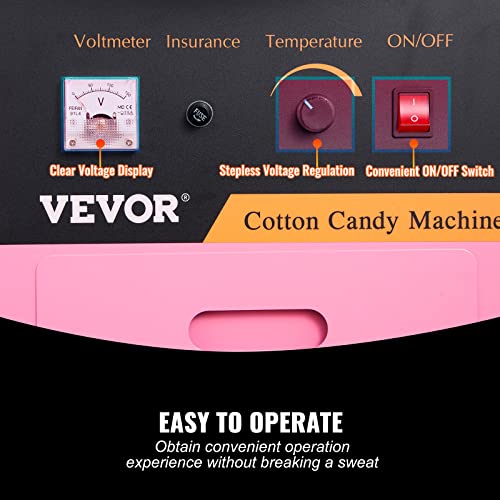 VEVOR Electric Cotton Candy Machine Cart with Cover, Commercial Floss Maker w/Stainless Steel Bowl, Sugar Scoop and Drawer, Perfect for Home, Carnival, Kids Birthday, Family Party, Pink