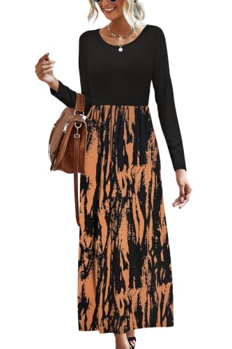 Image of AUSELILY Womens Long Sleeve Maxi Dress Casual Empire Waist with Pockets | Versatile year round long dress for spring, fall, winter, available in floral prints and solids