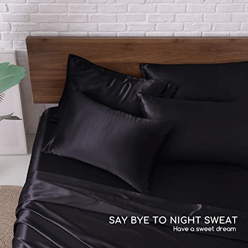 Image of MR&HM Satin Bed Sheets, Queen Size Sheets Set, 6 Pcs Silky Bedding Set with 15 Inches Deep Pocket for Mattress (Queen, Black)