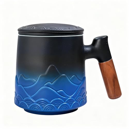 Zenoza Tisaniere avec Filtre et Couvercle – 500ml Mugs à Infusion, Ceramique Tasse à Thé avec Poignée en Bois, Vert, Tasse Tisane Élégante pour Thé en...