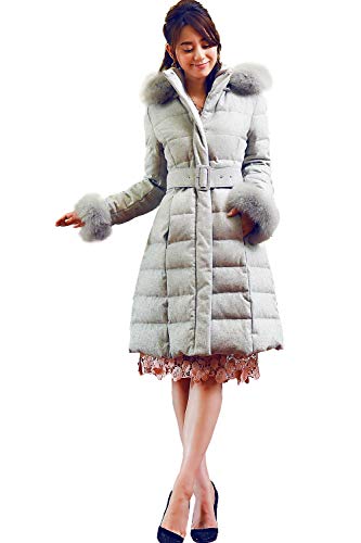 RUIRUE BOUTIQUE(ルイ・ルエ・ブティック) フォックスファー 付 ダウン コート (D175) ダウンコート ダウンジャケット 防寒 アウター スリム ロング 軽量 ファー 大きいサイズ リアルファー 毛皮 ベルト レディース M(9号) B/ライトグレー(2LG)