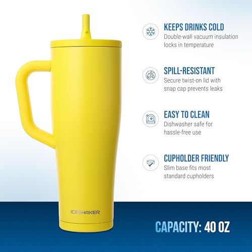 Image of Ice Shaker 40 oz Tumbler with Handle and Straw | 40oz Yellow | Cold for 30+ Hours | 2-in-1 Tumbler Shaker Bottle | Odor-Free 40 ounce Bottle for Water, Protein Shakes, Smoothies, Cocktails