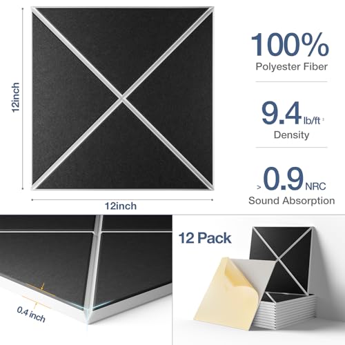 Image of 12 Pack Self-Adhesive Acoustic Panels, 12 inch X 12 inch X 0.4 inch X-Line Sound Proof Foam Panels for Walls, Soundproof Wall Panels for Home & Office (Black on White)