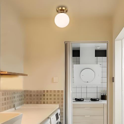 Image of Gold Semi Flush Mount Ceiling Light 5.9 inch Globe Opal Glass Shade