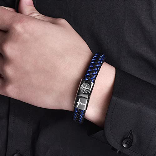 St. Benedict Cross Exorcism Bracelet Stainless Steel Crucifix Cuff Roman Catholic Leather Wristband Bangle Protection Amulet Jewelry Gift for Him, 8.46''3
