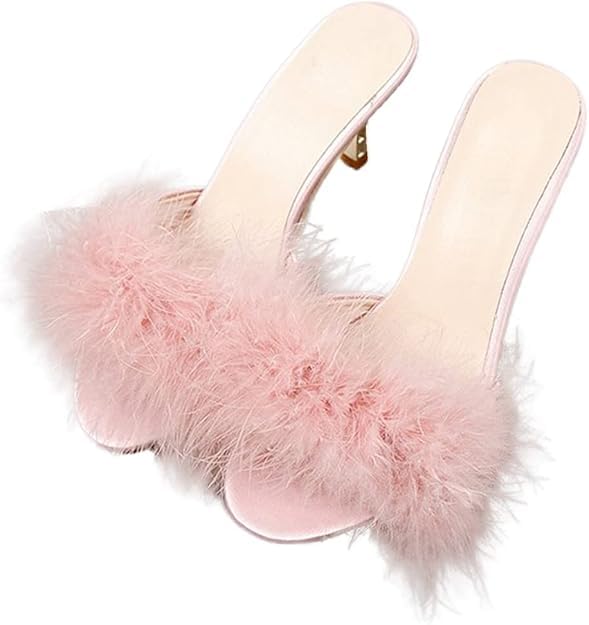YIBLBOX Women's Round Toe Sandal Fluffy Feather Sexy Slippers Kitten Heeled Slippers Pink 7.5