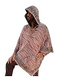 Handmade EUROKA Mens Hooded Khadi Cotton Vegan Poncho with hood Brown Red ethnic block printed patterns gypsy festival ceremony ritual tribal AJJAYA