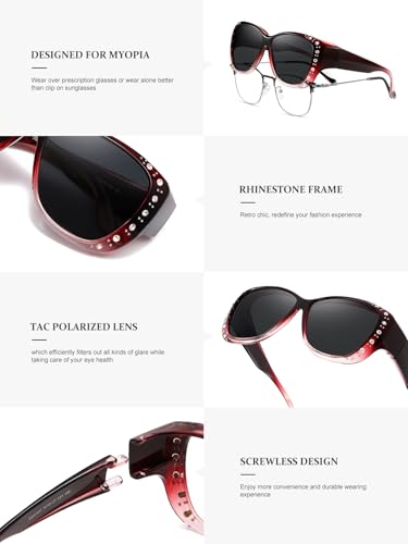 Wzerry Sunglasses Fit Over Glasses for Women, Retro Over Prescription Glasses Polarized UV 400 Protection with Rhinestone3
