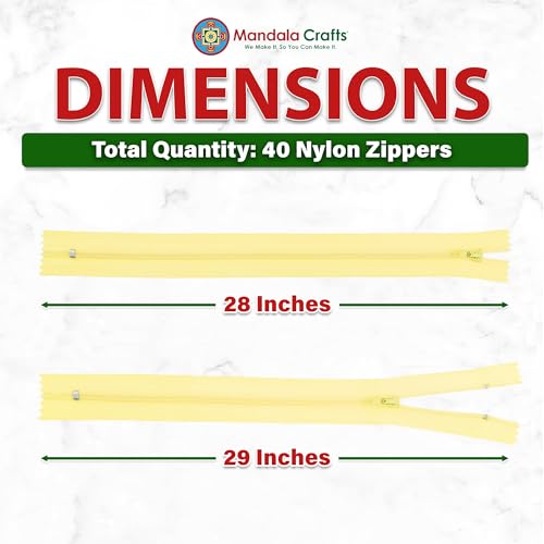 Image of Mandala Crafts 40 PCs Butter Yellow Closed-End 28 inch Nylon Zippers for Sewing