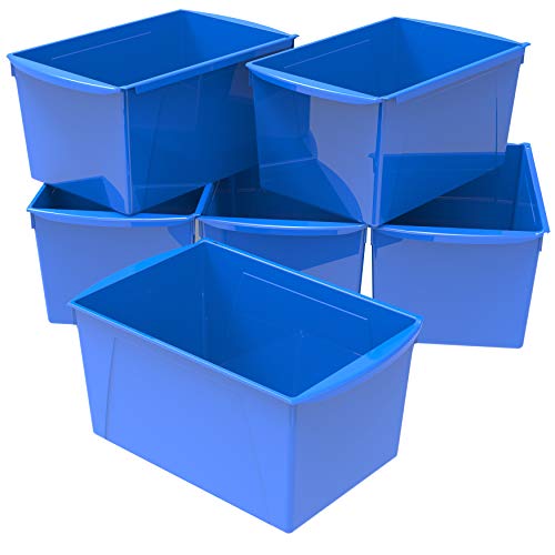 Storex Extra-Large Book Bin, Interlocking Plastic Organizer for Home, Office and Classroom, Blue, (71135U06C) (Pack of 6)