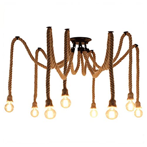 JMYSD Lámpara de techo vintage con cuerda de cáñamo de 8 cabezas, estilo retro, industrial, E27, para sala de estar, restaurante, bar