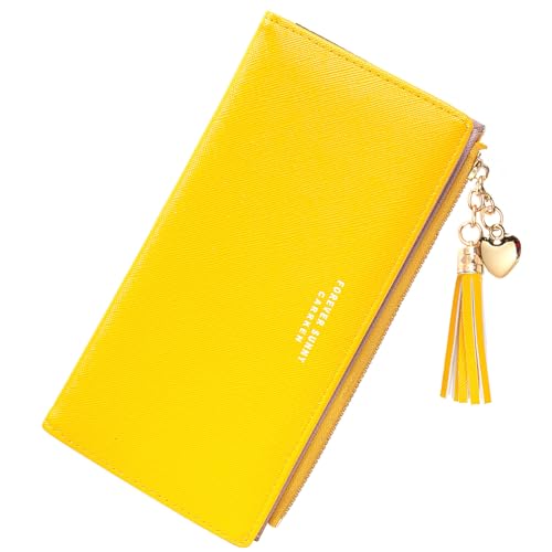 KOTORA Womens Slim Wallet Girls Thin Wallets Pretty Mini Long Card Holder Small Tiny Clutch Zip Purse Love Pendant Tassels Billfold (Yellow)2