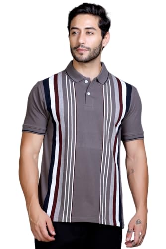 Image of SANE ORIGINALS Textured Polo T-Shirt for Men in Vertical Stripes || Old Money Polos for Men
