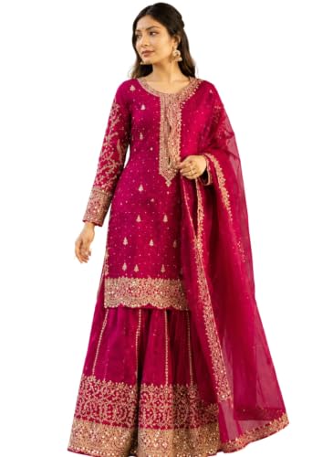 Image of Women's Ethnic Plazzo Suit Set with Kurta & Dupatta | Fendy Fabric Embroidered Kurta Set | Round Neck 3 /4 Sleeve Dress | Elegant Outfit