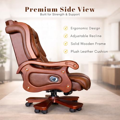 Image of Lakdi The Furniture High-Back Pure Leather Office Chair with Handcrafted Royal Look and Teak Wood Structure & Height Adjustable and Wooden Base Revolving Chair Office Work - 111011351 PL