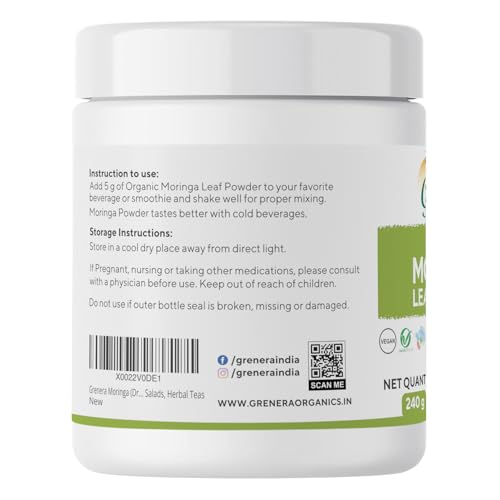Image of Grenera Moringa (Drumstick) Leaf Powder 240 gram, Vegan, Perfect For Smoothies, Salads, Herbal Teas