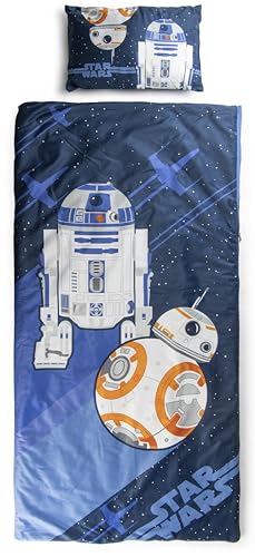 Jay Franco Sac de Couchage droïdes Star Wars avec Oreiller intégré, Ensemble Couverture et Oreiller, Tapis de Sieste avec poignée de Transport, 2 pièces