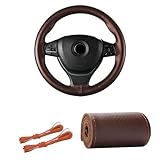 Kewucn Genuine Leather Steering Wheel Cover, 15' Universal Car Steering Wheel Protector with Needle Thread, Breathable Anti-Slip Steering Wheel Cover DIY Stitch on Wrap (Coffee, Full Hole)