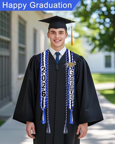 Image of Yigney Graduation Lei Set Class of 2026 Grad Ribbon Leis with Honor Cord Double Braided Graduate Leis for Men Women Blue Black White