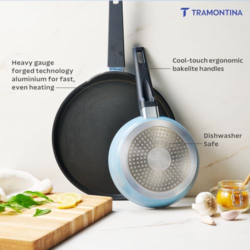Image of TRAMONTINA Aura Cookware Set of 2- Frypan 20cm, Dosa tawa 28cm | Reinforced Ceramic Non-Stick Cookware | Quick & Even Heating | Low-Oil Cooking | Bakelite Handle | Induction & Gas | Blueberry
